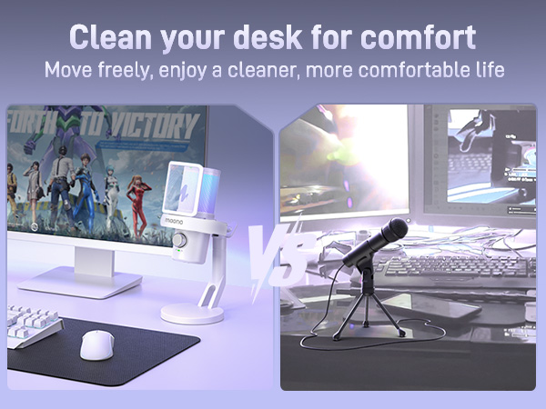Desktop organization product featuring a white stand holding a smartphone and a separate microphone stand. Shows cluttered and organized desk comparisons, emphasizing comfort and cleanliness.