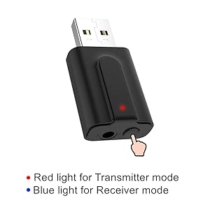 Red light for transmitter mode, blue light for receiver mode