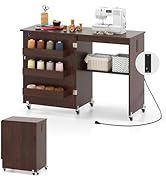 Giantex Folding Sewing Table with Charging Station, Rolling Craft Table with Storage Trays & Shel...