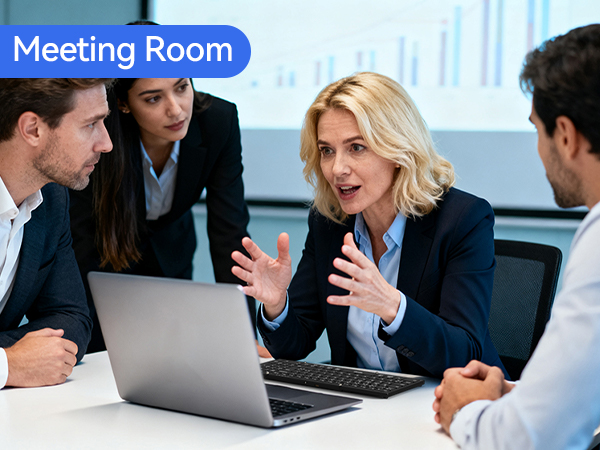 Text reads "Meeting Room". Four professionals in business attire around conference table with laptop during meeting in modern office space.