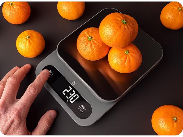 greater goods high capacity scale top view with oranges
