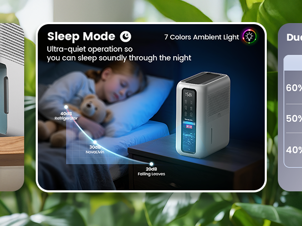 Text reads 'Sleep Mode' and 'Ultra-quiet operation so you can sleep soundly through the night'. Interface screens showing sleep-related features with ambient lighting effects.