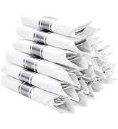 N9R 50 Pack Pre Rolled Silver Plastic Cutlery Set, 50 Forks, 50 Knives, 50 Spoons, 50 Napkins, Di...