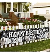 Owishnora Black White Happy Birthday Banner, Black Party Decoration,Sparkly Balloons and Stars Pa...