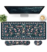Dark Green Floral Desk Mat Set, Keyboard and Mouse Pad with Wrist Rest | 3-Piece 31.5 x 11.8 in M...