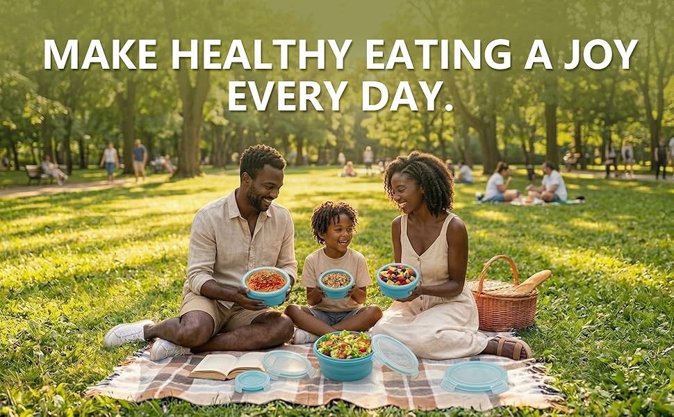 Family enjoying an outdoor picnic using a blue silicone collapsible meal prep container set.