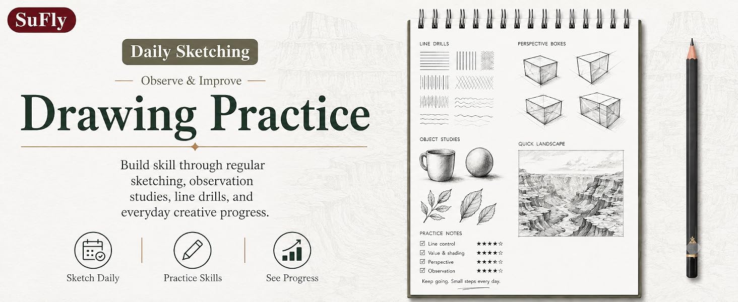 SuFly hardcover sketchbook with line drills, perspective, object studies, landscape, and notes