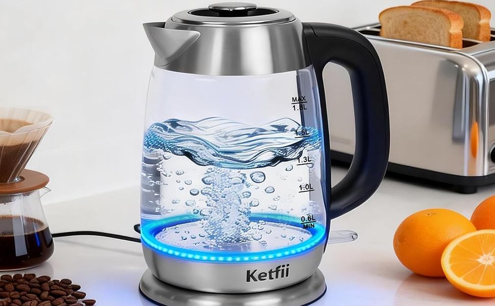 Electric Glass Kettle 1.8L, 1200W Fast Boil for Tea & Coffee