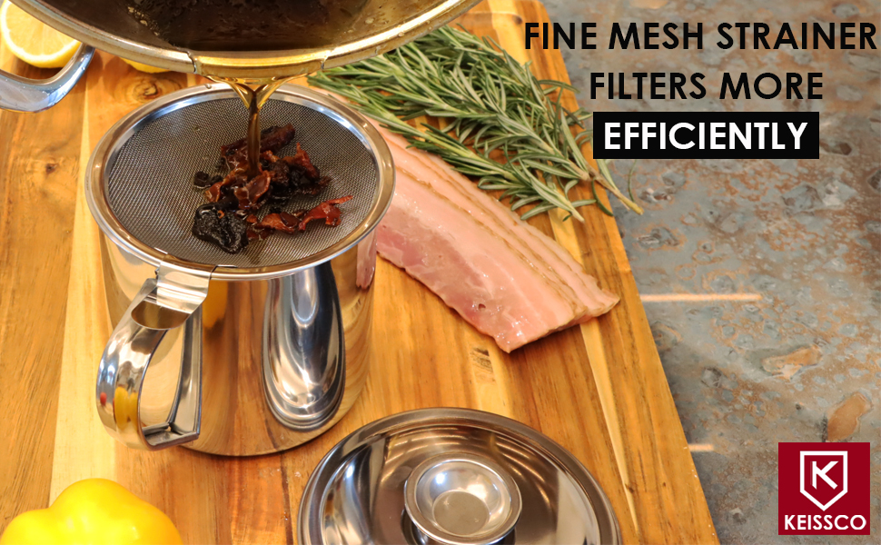 KEISSCO Stainless Steel Bacon Grease Container with Strainer, Oil Storage Can Container