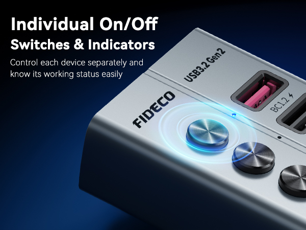 Text reads "Individual On/Off Switches & Indicators" and "Control each device separately and know its working status easily" with "FIBECO" branding. Device control panel with switches and indicator lights visible.