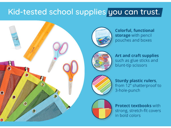 School supply overview with detail images of various products