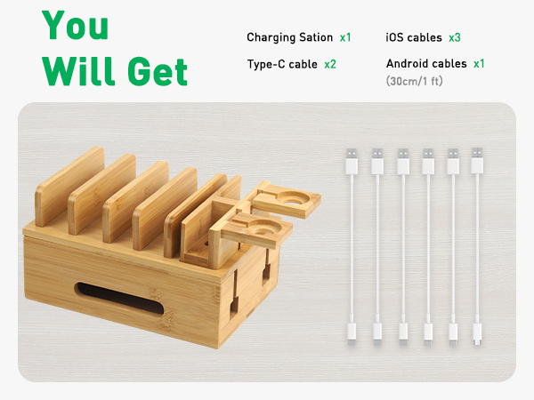 Bamboo charging station organizer for multi devices