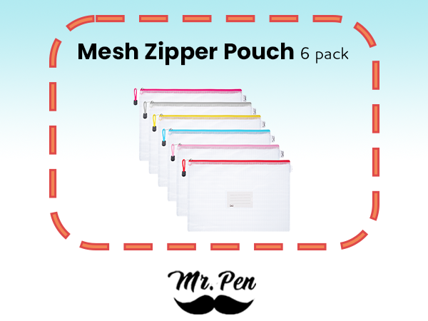 Mesh Zipper Pouch, A4, 6 Pack, Zipper Pouch with Label Pocket, Plastic Mesh Zipper