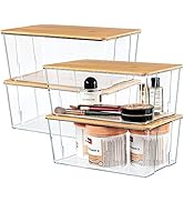 Hudgan 4 Pack Clear Plastic Storage Bins with Bamboo Lids, Stackable Storage Containers for Organ...