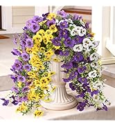 Fake Artificial Flowers for Outdoors, 4 Pcs Faux Hanging Pansy Flowers Spring Summer Decor, UV Re...