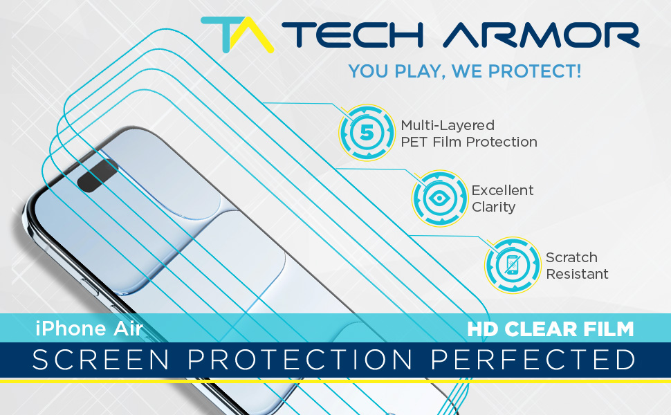 Tech Armor 4-pack HD clear PET film screen protector for iPhone 17 Air multi-layer scratch resistant