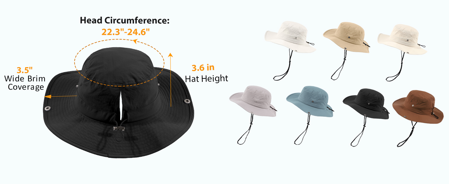 Multi-color women’s sun hat with size reference and dimension guide for fit