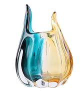 Hand Blown Glass Vase, Medium Wide Mouth Flower Vase Unique Modern Turquoise Glass Art Decor, Non...