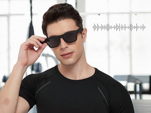 Series of images showing sunglasses with audio wave visualization indicator, suggesting audio functionality built into the eyewear.