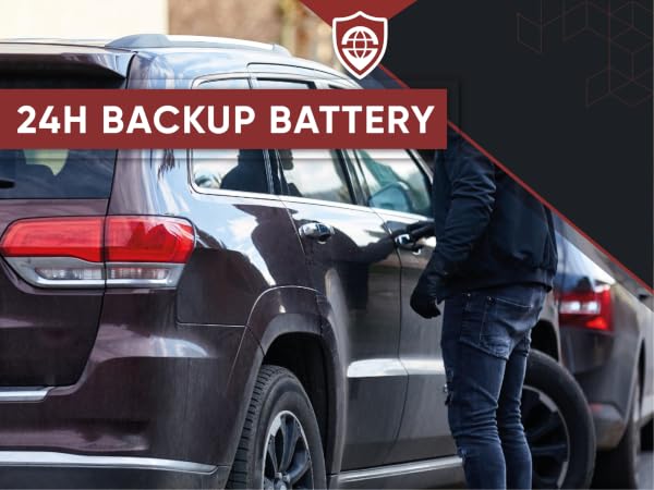Dark SUV with text overlay advertising 24H backup battery feature, shown from rear quarter view with security-focused imagery.