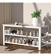 Apicizon White Shoe Rack, 35.5” Shoe Storage Entryway Bench with Long Seat and Metal Shelves, 3 T...