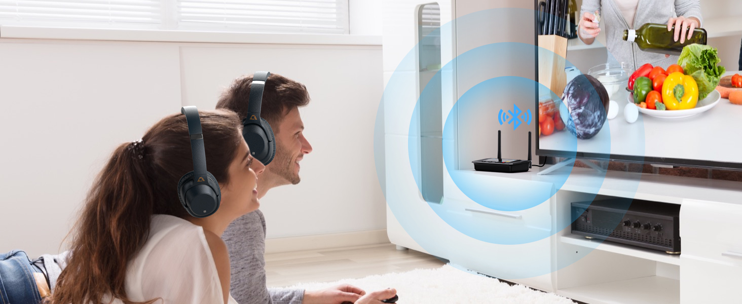 Smart refrigerator with touchscreen display showing food items inside. Two people wearing headphones interact with the screen, suggesting voice-controlled or AI-assisted functionality.
