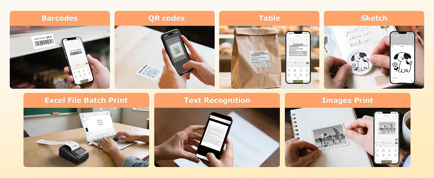APP supports barcodes, QR codes, table, sketch, Excel batch print, text recognition, image print