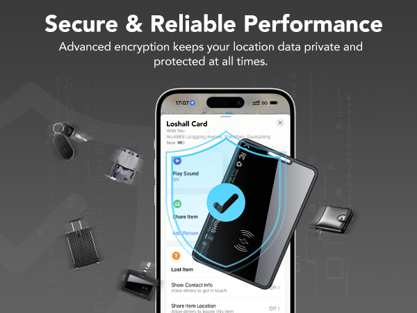 Text reads 'Secure & Reliable Performance' and 'Advanced encryption keeps your sensitive data private and protected at all times'. Shows mobile device security interface screens.