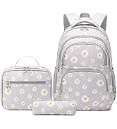 Daisy-Print Backpack for Girls Kids Bookbag for Elementary School 3Pcs School Bag with Lunch Bag