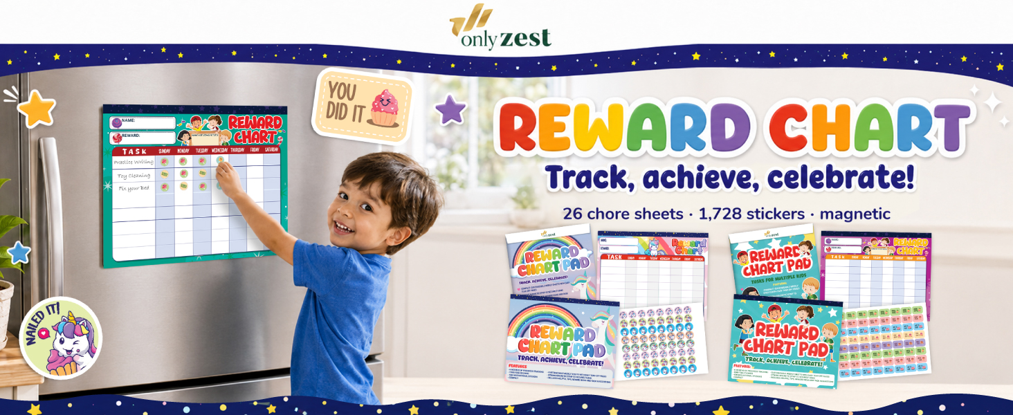 Reward chart set for kids with magnetic fridge chart, 26 sheets and 1,728 stickers