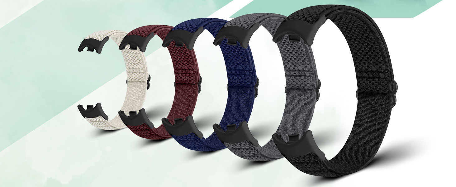 Five curved watch straps in white, burgundy, navy blue, and black textured fabric materials arranged in a gradient display.