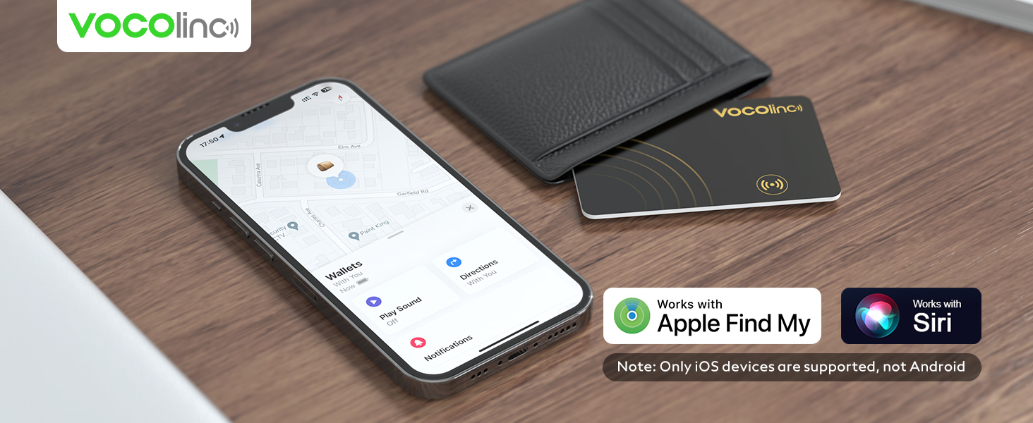 Smartphone displaying a tracking app interface next to two slim tracking devices. Text indicates compatibility with Apple Find My and Siri.