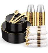 KIRE 175Pcs Black Plates Disposable - Heavy Duty Black and Gold Plastic Plates- 25 for Dinner 25 ...