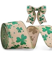 KINGLAKE St Patrick's Day Wired Ribbon - 2.5 Inch Glitter Green Shamrock Ribbon Wired for Wreath ...