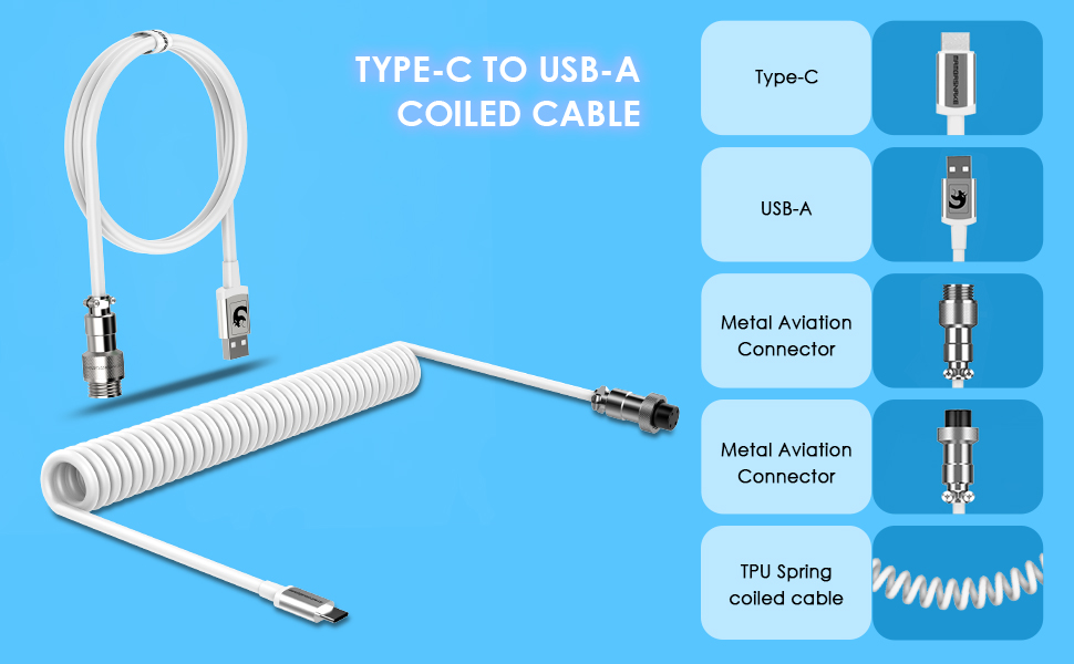 Coiled Type-c to Type A Coiled Cable with metal avaitor long spiral spring cable for keyboard phone