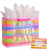 SUNCOLOR Large Happy Birthday Gift Bag with Tissue Paper & Card, 13 x 10.2 x 4.7 Inches Premium P...