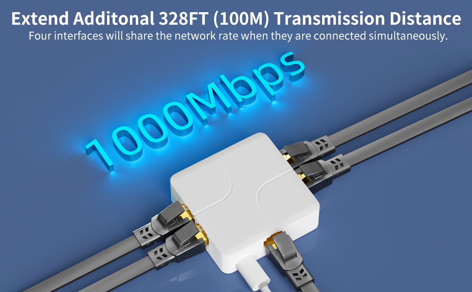 gigabit ethernet splitter 1 to 4 eetwork splitter with USB power cable