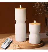 Girimax White Ribbed Flameless Pillar Candles with Remote, Real Wax Flickering Battery LED Candle...