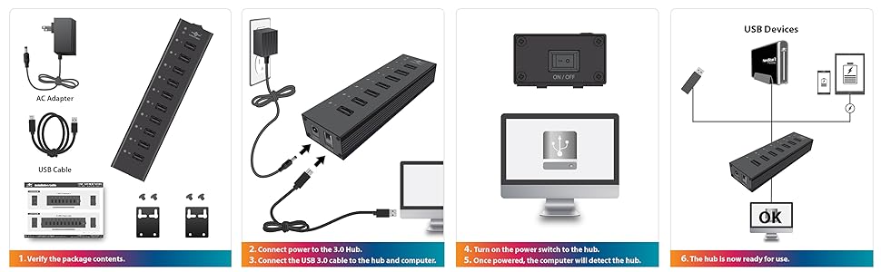 10-Port, 7-Port, USB 3.0, Aluminum, Hub, Data, Charging, BC 1.2, 1.5A, mount, wall, desk, DIN, UASP