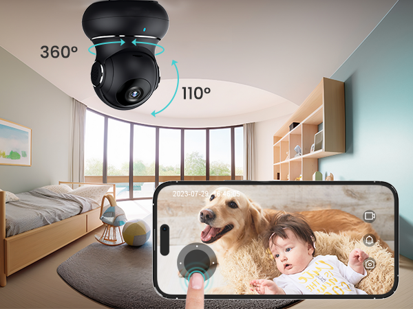 Security camera with 360° horizontal and 110° vertical rotation. Smartphone displays live feed of room with dog and child, indicating remote monitoring capability.
