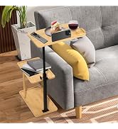 3 Layer C-Shaped End Table for Couch Arm, Side Table with 360° Rotating Phone Holder, Bamboo Heig...