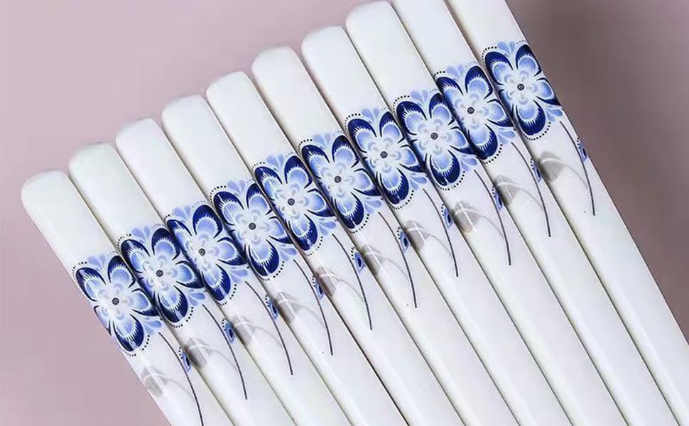 10 Pairs Ceramic Chopsticks With Blue Flower Pattern, 9.72 inch Chinese Bone Porcelain Chopsticks