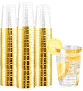 Ciaell 120PCS Gold Plastic Cups - 12Oz Heavy Duty Plastic Cups - Disposable Gold Rimmed Plastic C...