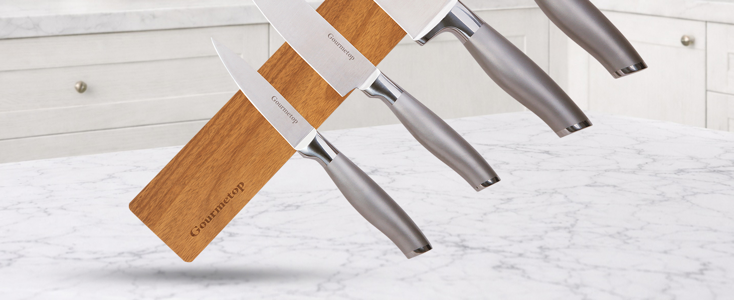 Magnetic knife holder with strong N50 magnets securely holding kitchen knives and tools