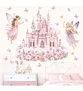 decalmile Pink Castle Wall Stickers Fairy Flower Butterfly Wall Decals Baby Nursery Bedroom Girls...
