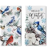 Croar Hello Winter Birds Kitchen Dish Towels Set of 2, Blue Jay Cardinal Cotton Pine Cone Drying ...
