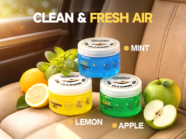 Three scented of car cleaning gel—Mint, Lemon, Apple-sit on a leather car accessories interior seat