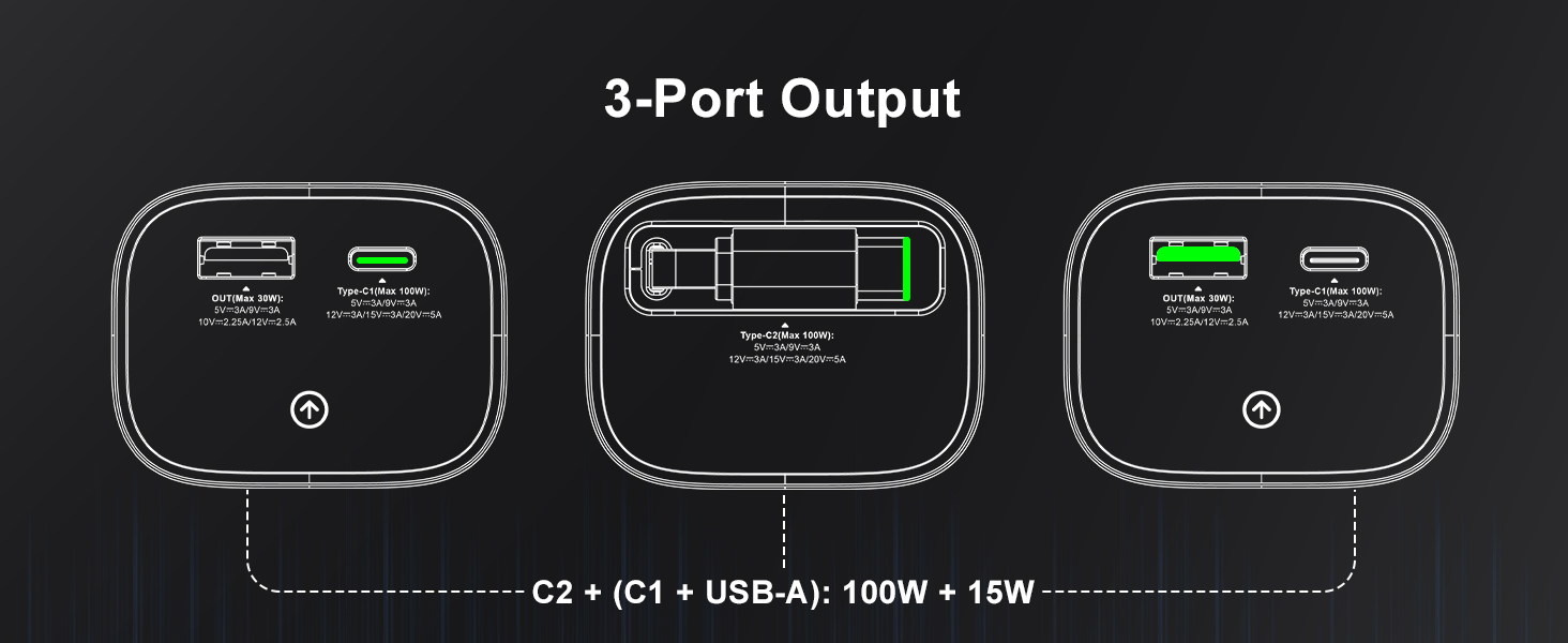 Technical diagram showing three interface layouts with illuminated display indicators and control buttons in dark theme with green highlights.
