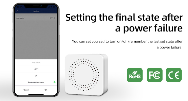 Smartphone displaying app interface next to a white smart device. Text reads 'Setting the final state after a power failure'. Certification logos visible.