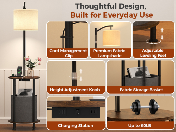 Floor lamp with a built-in charging station, side table, storage basket, and sturdy tabletop.